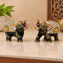 Black Pearl Mosaic Decorative Elephant Figurine – White Dot & Gold Floral Art Showpiece