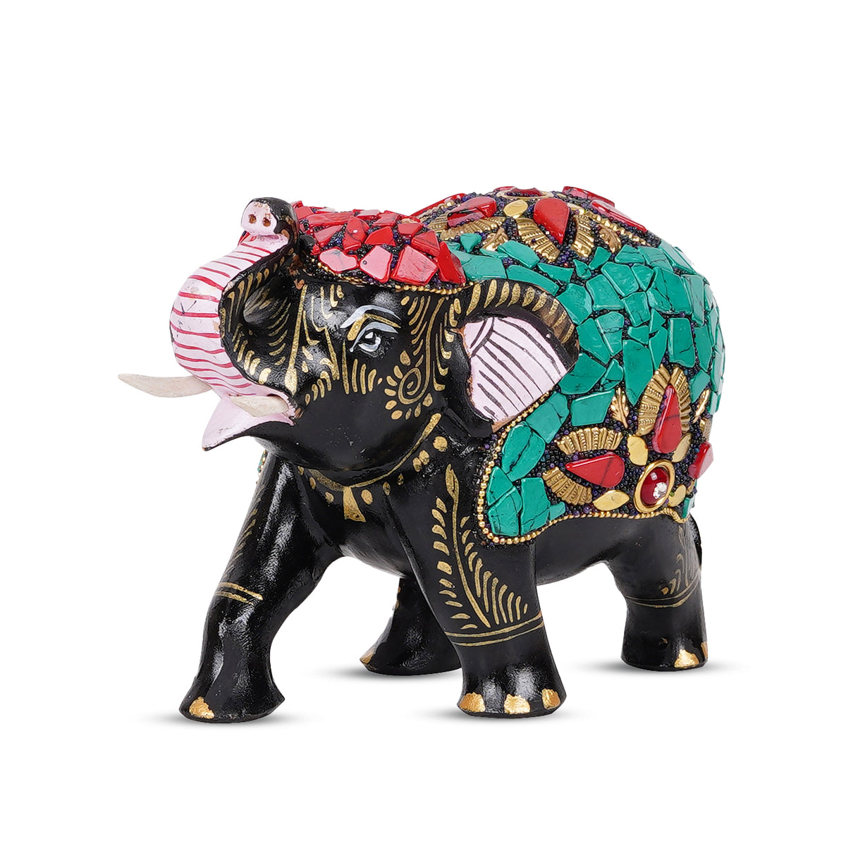 Hand-Painted Decorative Elephant Figurine – Turquoise Mosaic & Floral Art