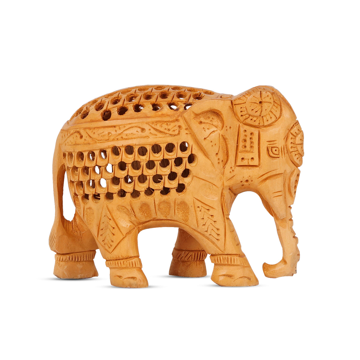 Handcrafted Wooden Elephant Figurine with Jali (Lattice) Work – Rajasthani Wood Art