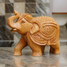 Handcrafted Wooden Elephant Figurine – Upward Trunk with Ornate Caparison Carvings
