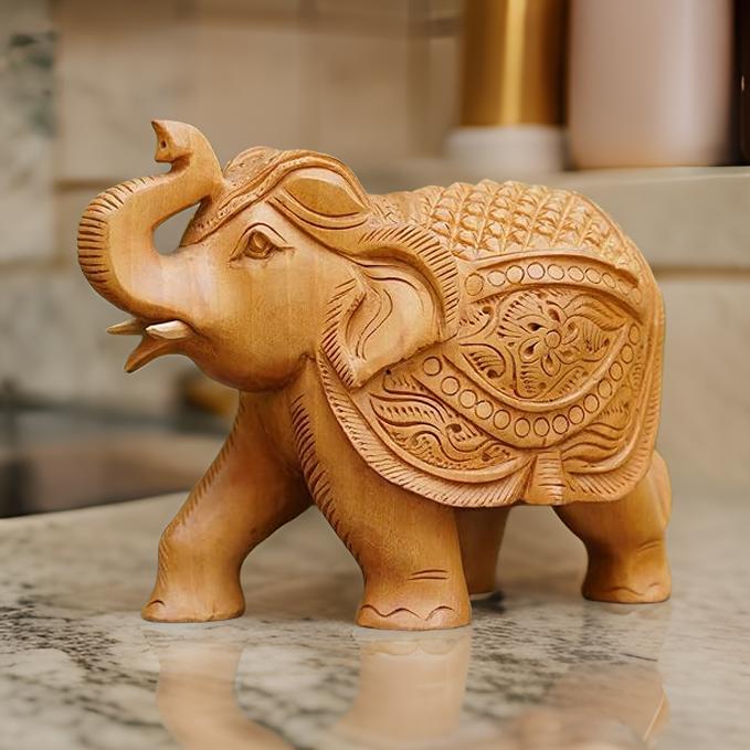 Handcrafted Wooden Elephant Figurine – Ornate Carved Showpiece with Raised Trunk for Good Luck & Home Décor