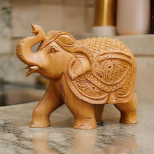 Handcrafted Wooden Elephant Figurine – Ornate Carved Showpiece with Raised Trunk for Good Luck & Home Décor