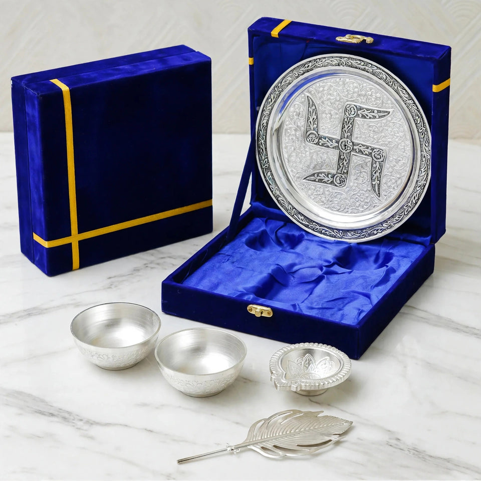 Silver-Plated Swastika Pooja Thali Gift Set | Velvet Box | Dheesh India