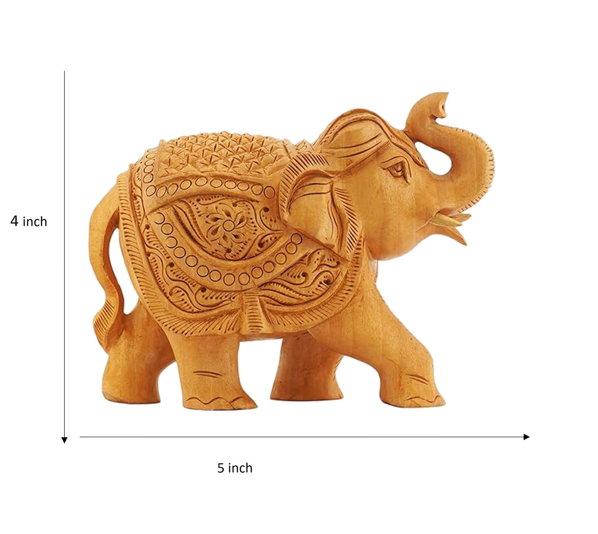 Handcrafted Wooden Elephant Figurine – Upward Trunk with Ornate Caparison Carvings