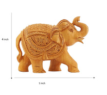 Handcrafted Wooden Elephant Figurine – Upward Trunk with Ornate Caparison Carvings