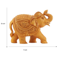 Handcrafted Wooden Elephant Figurine – Upward Trunk with Ornate Caparison Carvings