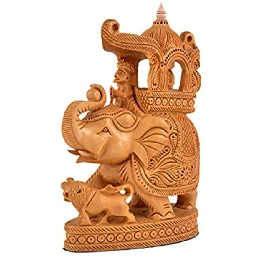 Handcrafted Wooden Elephant with Howdah & Baby Elephant – Detailed Indian Wood Sculpture