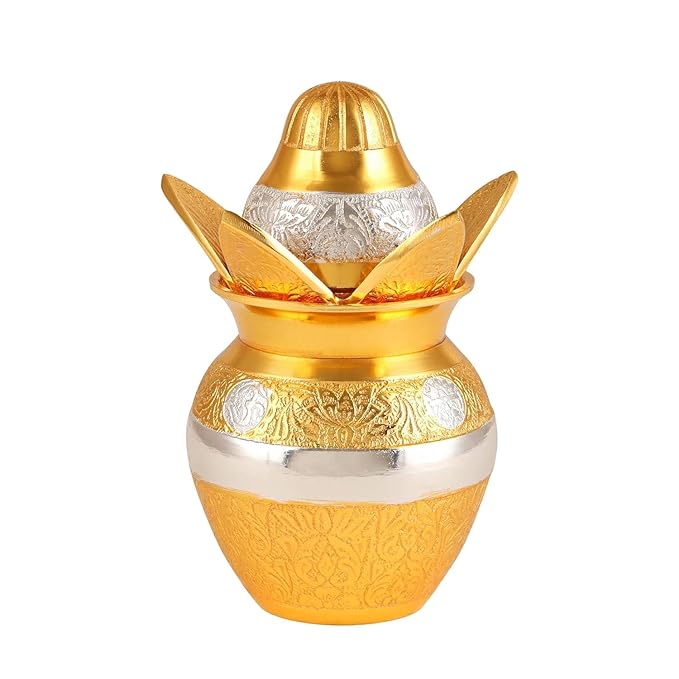 Handcrafted Gold-Finish Kalash with Lotus Lid