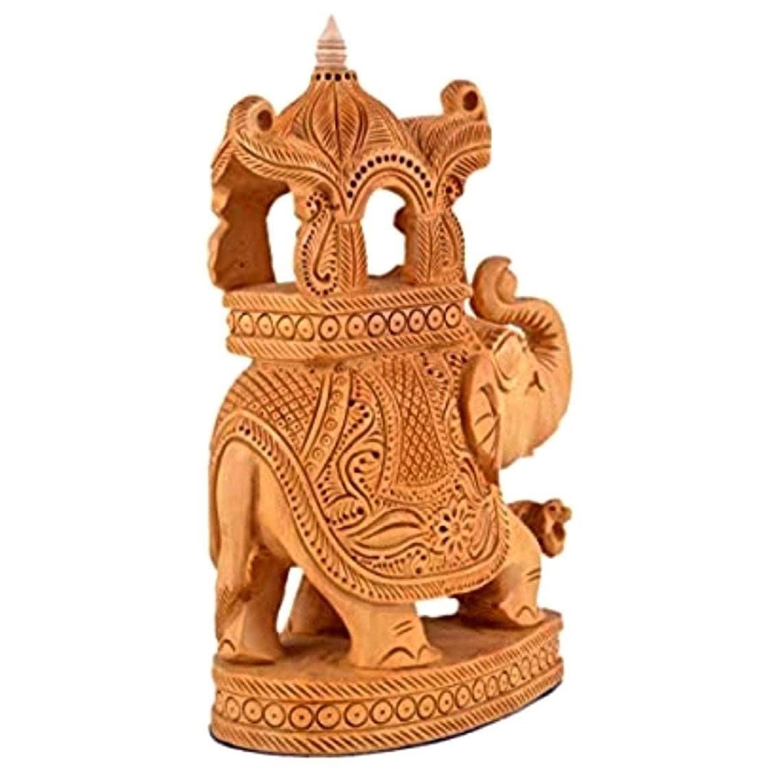 Handcrafted Wooden Elephant with Howdah & Baby Elephant – Detailed Indian Wood Sculpture