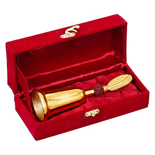 Gold Puja Bell & Shankh Gift Set in Red Velvet Box