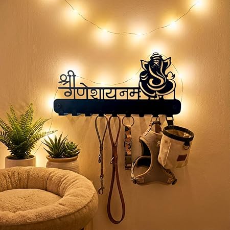 "Shree Ganeshay Namah" Laser Cut Metal Wall Key Holder (7 Hooks)