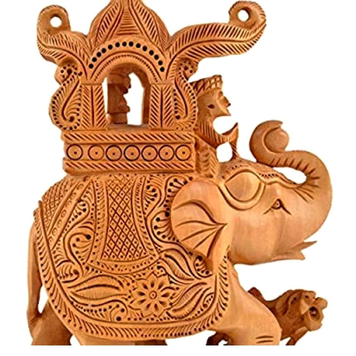 Handcrafted Wooden Elephant with Howdah & Baby Elephant – Detailed Indian Wood Sculpture