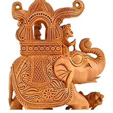 Handcrafted Wooden Elephant with Howdah & Baby Elephant – Detailed Indian Wood Sculpture