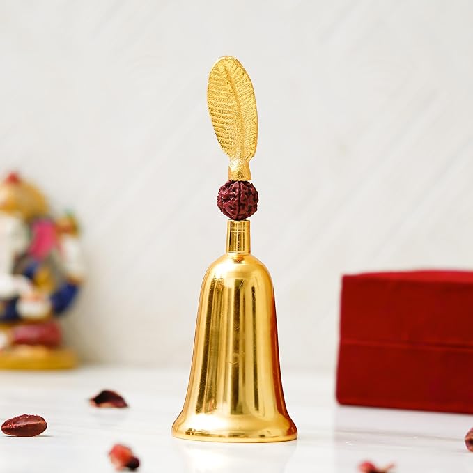 Gold Puja Bell & Shankh Gift Set in Red Velvet Box
