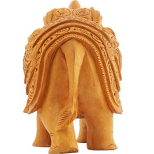 Handcrafted Wooden Elephant Figurine – Upward Trunk with Ornate Caparison Carvings