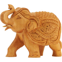 Handcrafted Wooden Elephant Figurine – Upward Trunk with Ornate Caparison Carvings