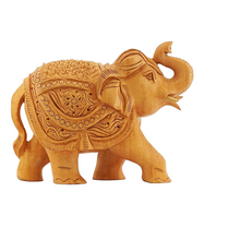 Handcrafted Wooden Elephant Figurine – Upward Trunk with Ornate Caparison Carvings