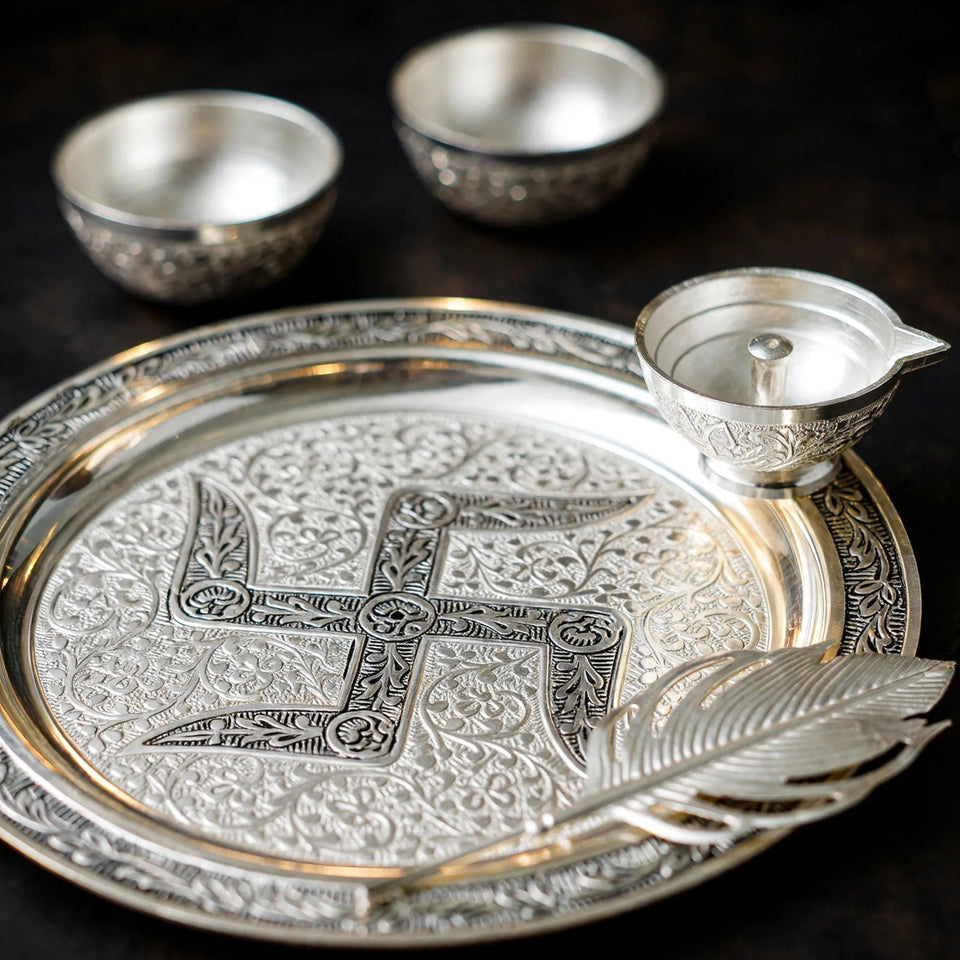 Silver-Plated Swastika Pooja Thali Gift Set | Velvet Box | Dheesh India