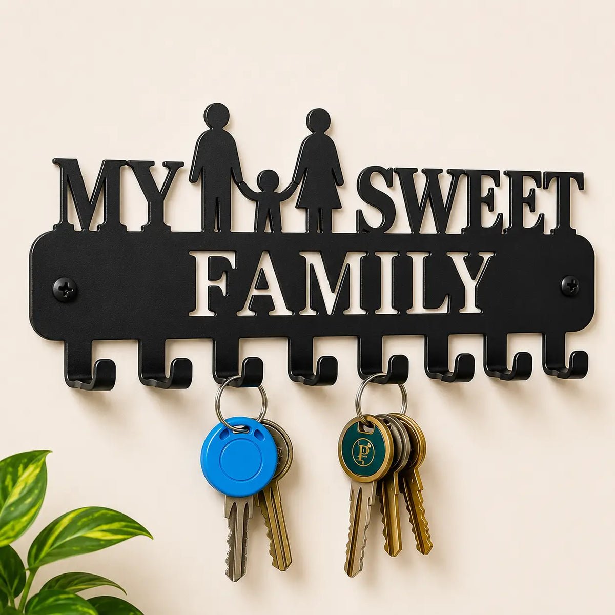 "My Sweet Family" Laser Cut Metal Wall Key Holder (7 Hooks)