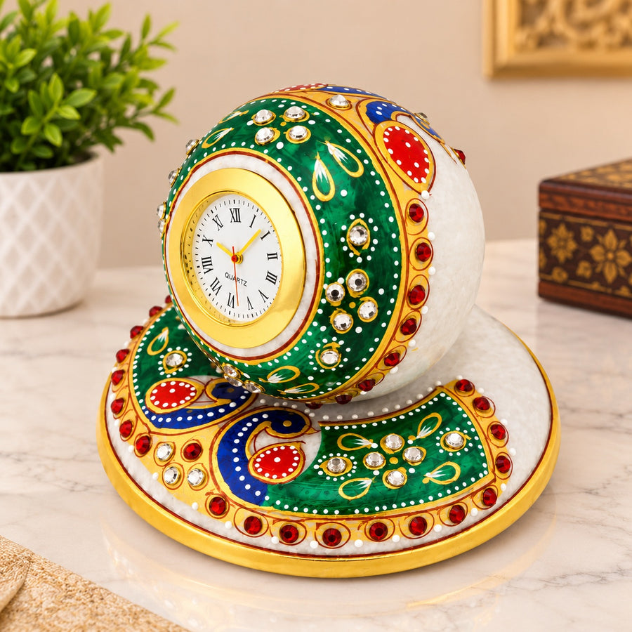 Handcrafted Marble Table Clock – Meenakari Floral Art | Indian Handicraft