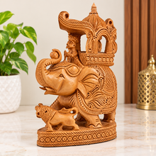 Handcrafted Wooden Elephant with Howdah & Baby Elephant – Detailed Indian Wood Sculpture