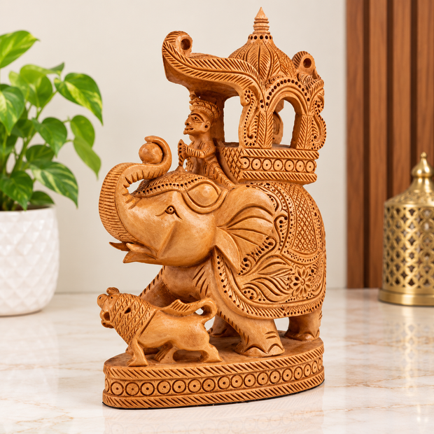 Handcrafted Wooden Elephant with Howdah & Baby Elephant – Detailed Indian Wood Sculpture