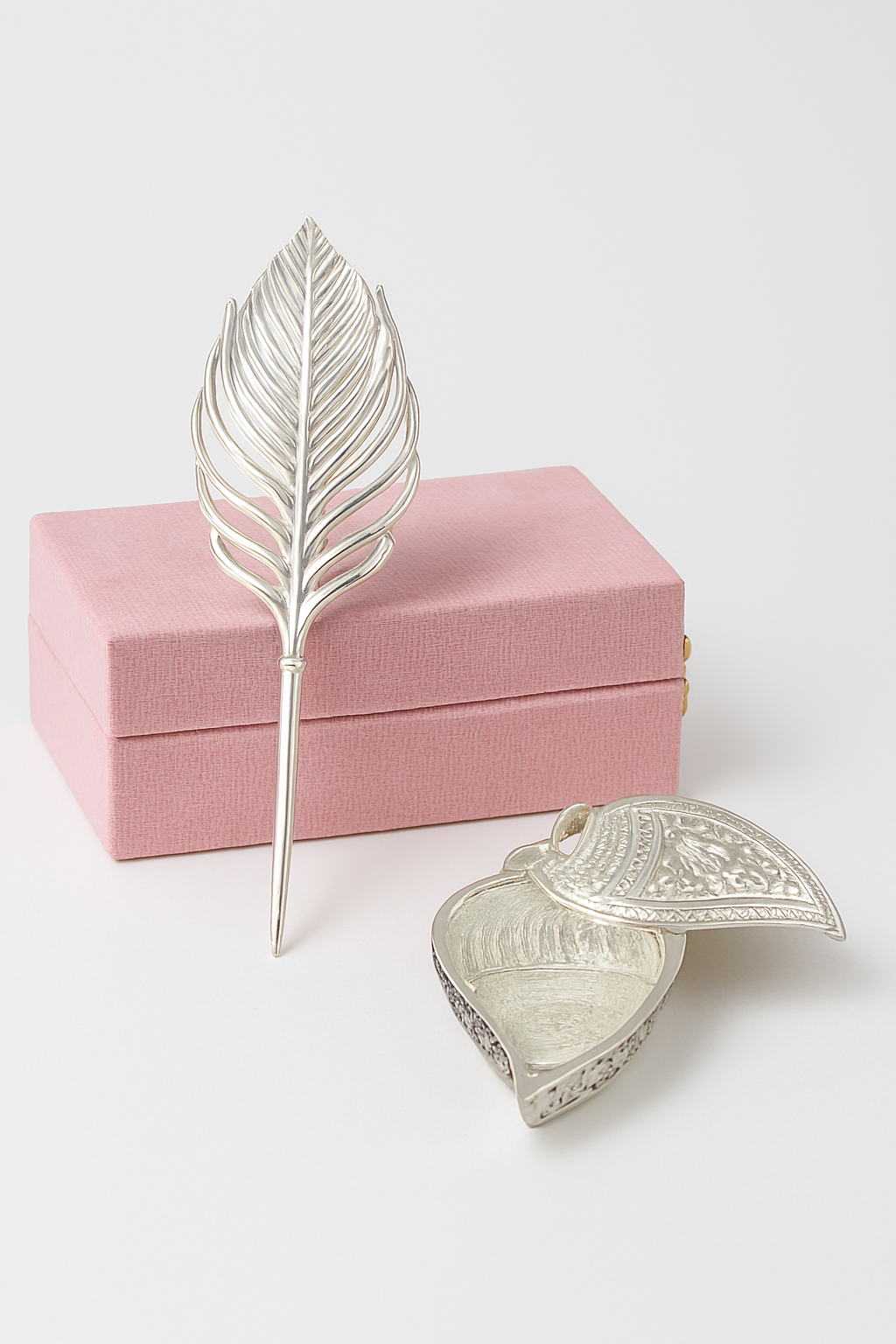 Silver Leaf Trinket Dish & Feather Bookmark Gift Set in Pink Box