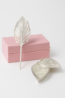 Silver Leaf Trinket Dish & Feather Bookmark Gift Set in Pink Box