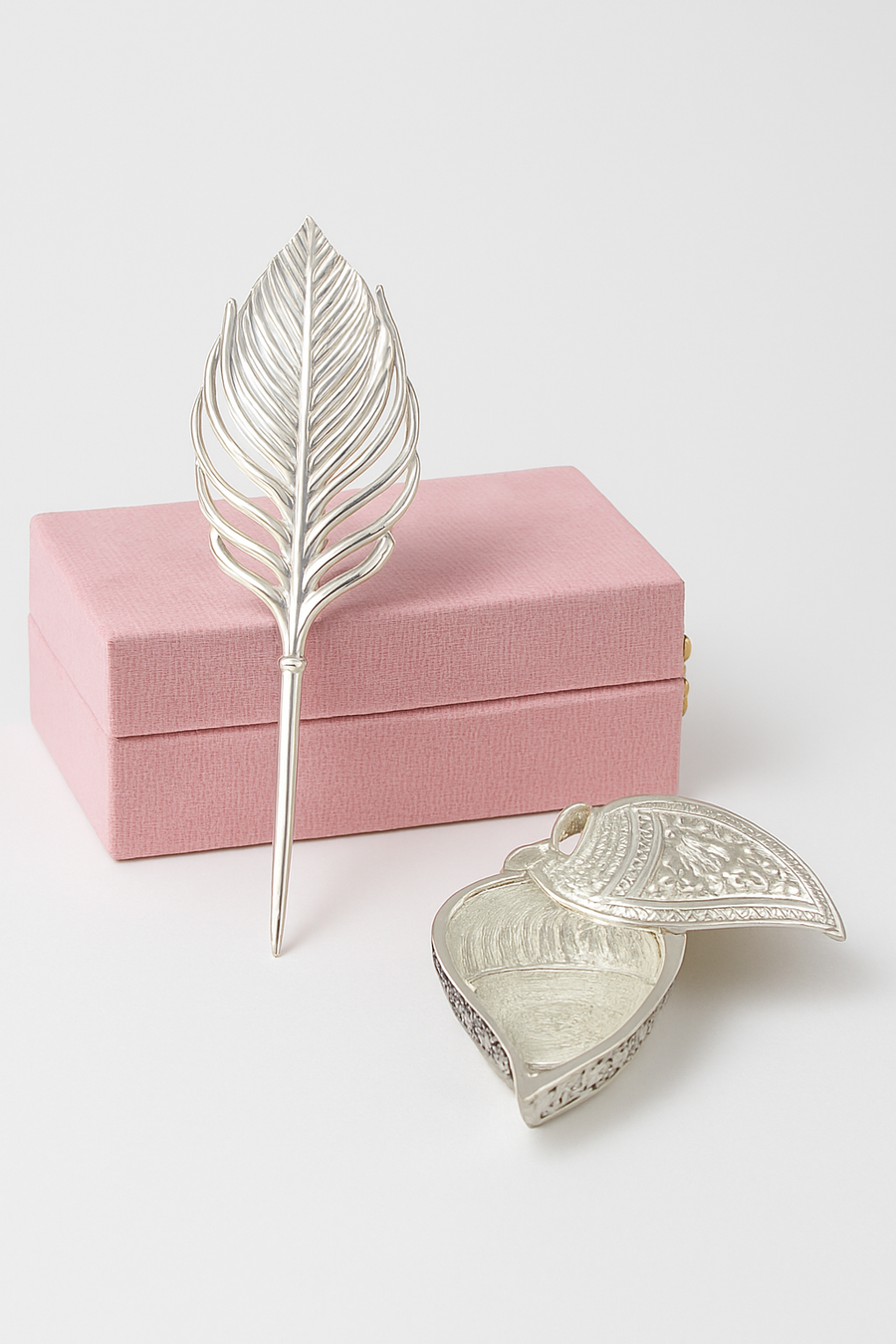 Silver Leaf Trinket Dish & Feather Bookmark Gift Set in Pink Box