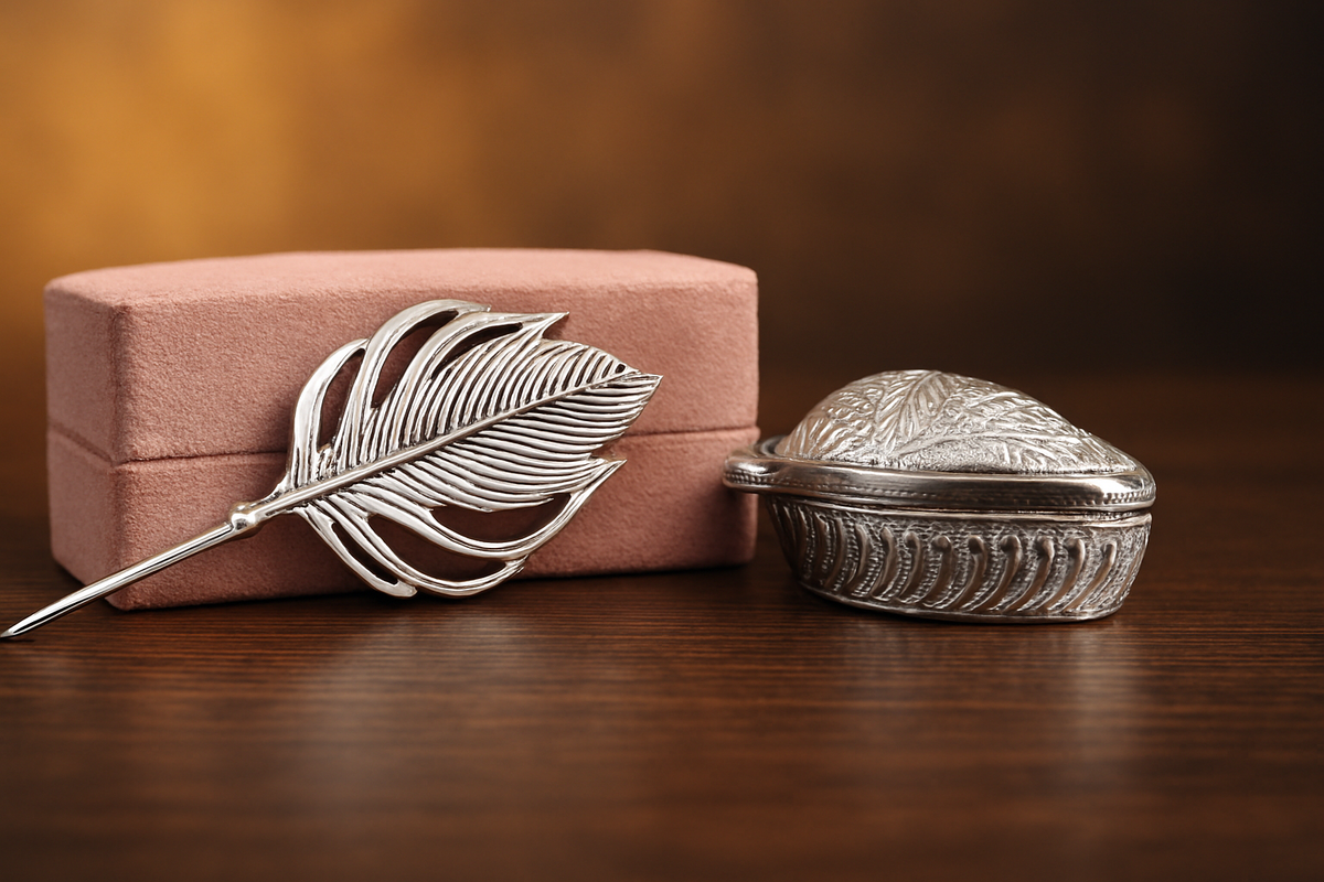 Silver Leaf Trinket Dish & Feather Bookmark Gift Set in Pink Box