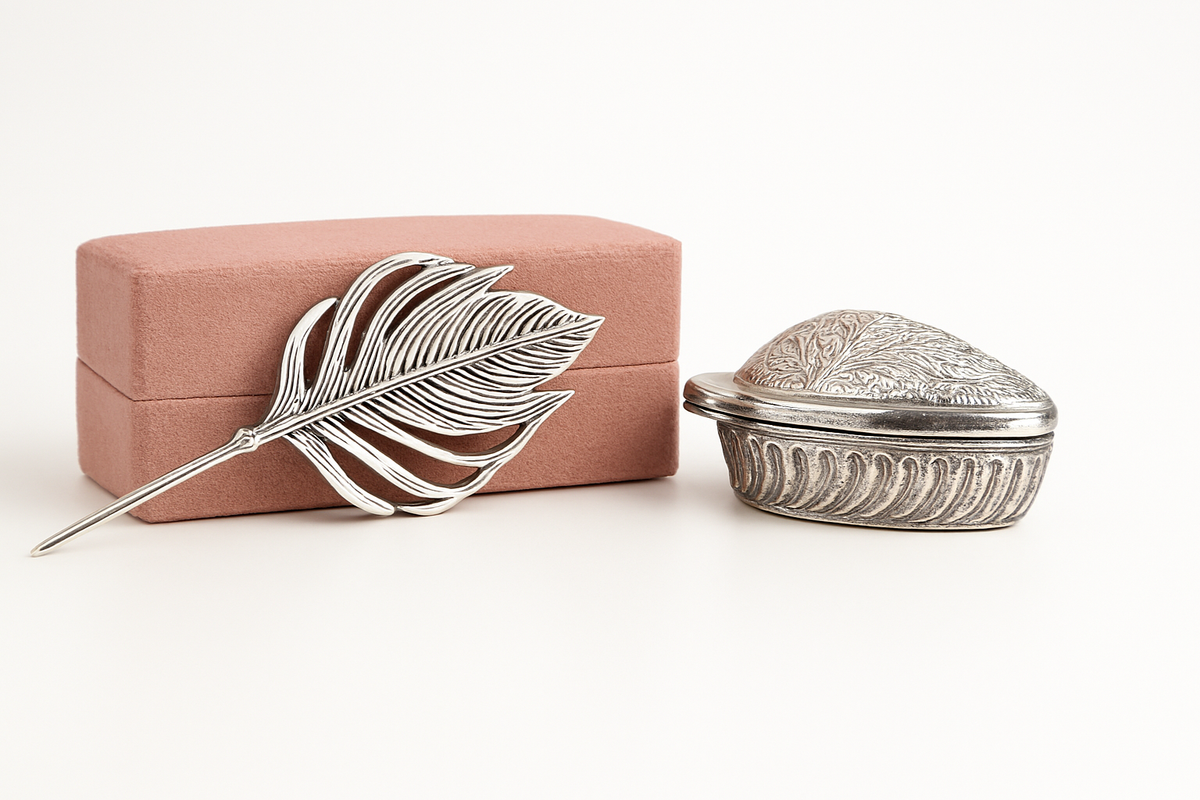 Silver Leaf Trinket Dish & Feather Bookmark Gift Set in Pink Box