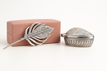 Silver Leaf Trinket Dish & Feather Bookmark Gift Set in Pink Box