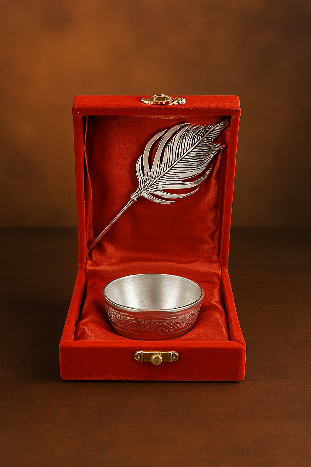 Silver Peacock Feather & Puja Bowl Gift Set in Red Velvet Box
