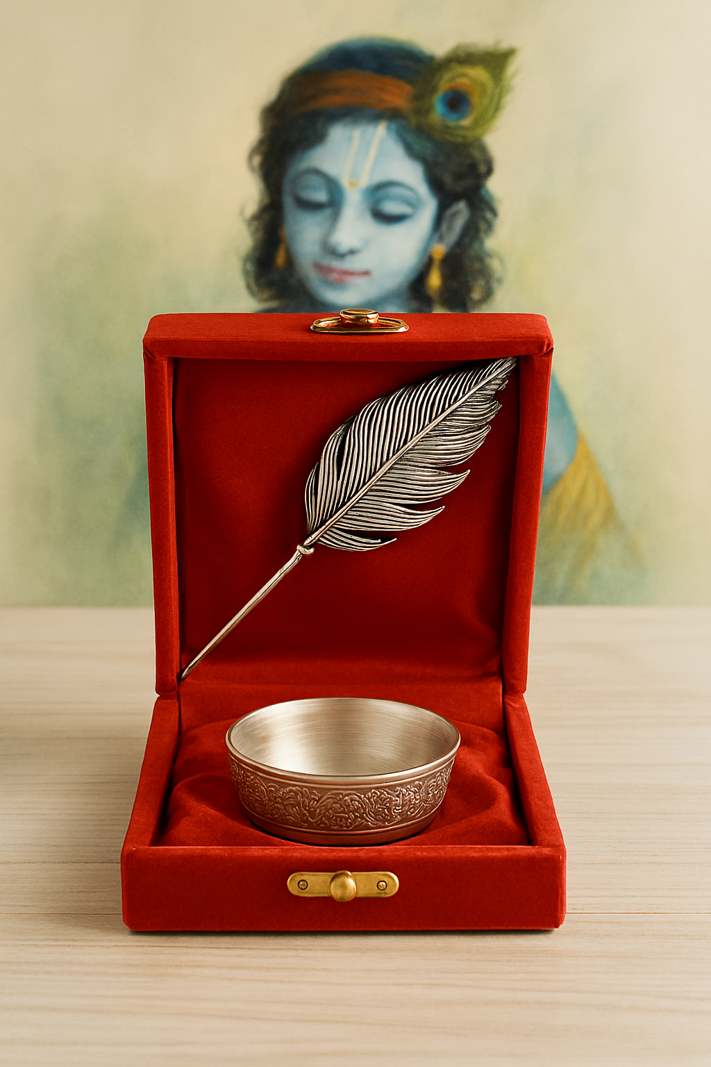 Silver Peacock Feather & Puja Bowl Gift Set in Red Velvet Box
