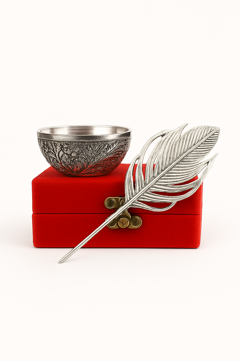 Silver Peacock Feather & Puja Bowl Gift Set in Red Velvet Box