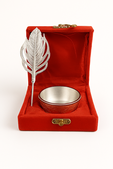 Silver Peacock Feather & Puja Bowl Gift Set in Red Velvet Box