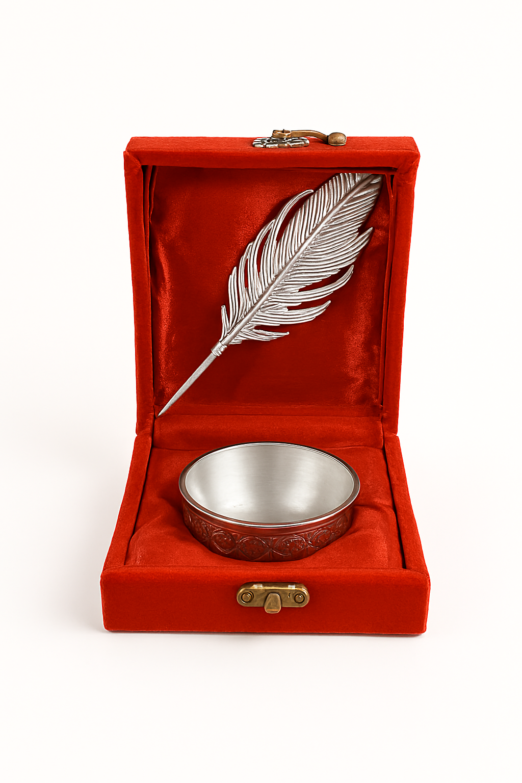Silver Peacock Feather & Puja Bowl Gift Set in Red Velvet Box