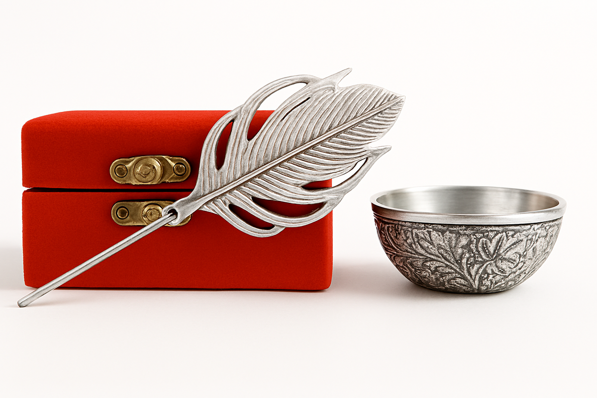 Silver Peacock Feather & Puja Bowl Gift Set in Red Velvet Box