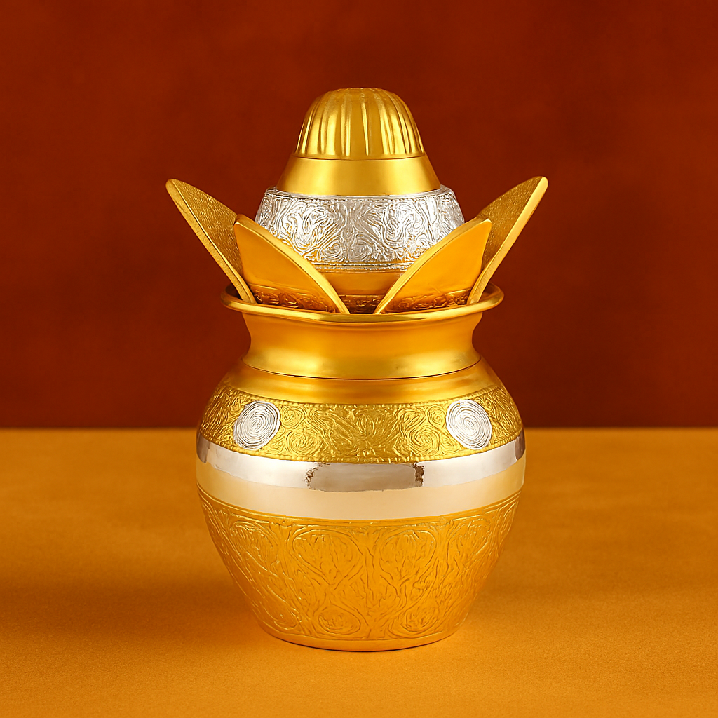 Handcrafted Gold-Finish Kalash with Lotus Lid