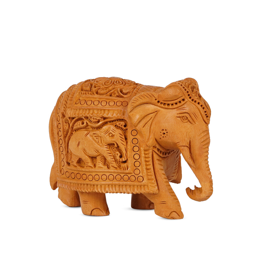 Handcrafted Wooden Elephant Figurine – Intricate Caparison & Baby Elephant Carving