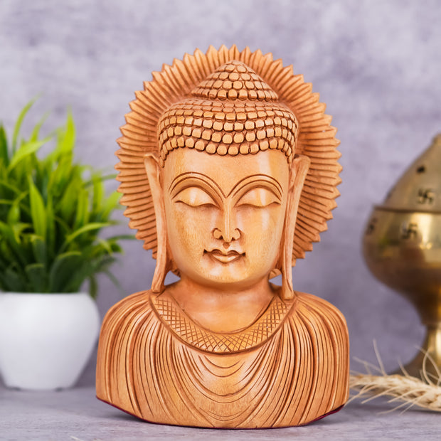 Handcrafted Wooden Buddha Bust Sculpture