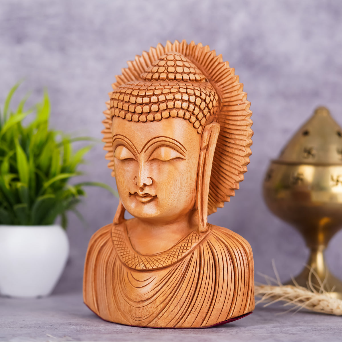 Handcrafted Wooden Buddha Head Bust – Serene Carved Sculpture | Indian Art