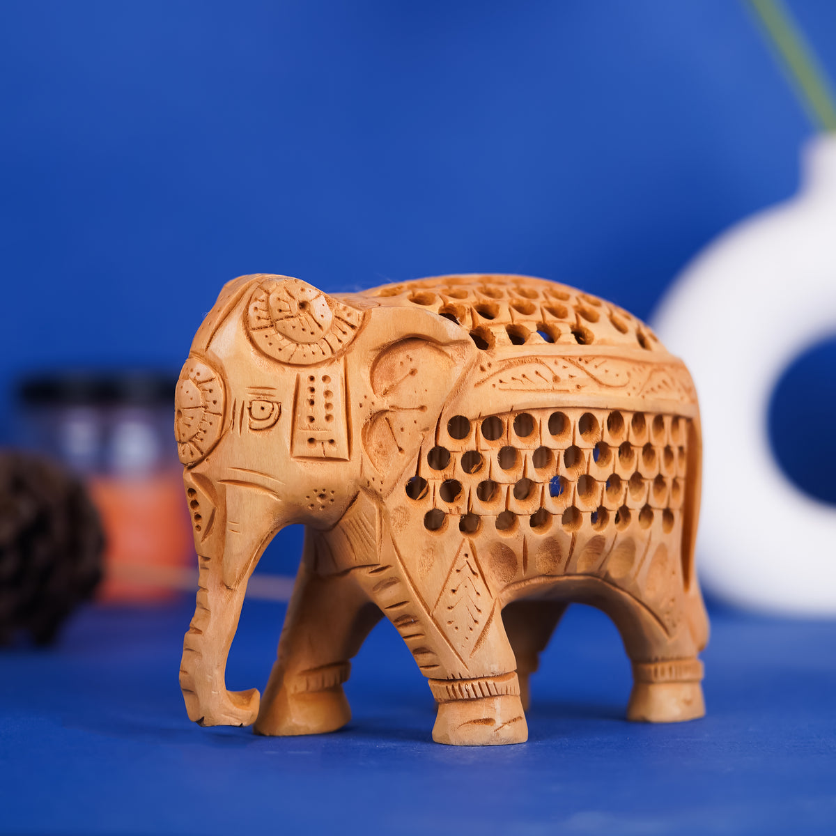 Handcrafted Wooden Elephant Figurine with Jali (Lattice) Work – Rajasthani Wood Art