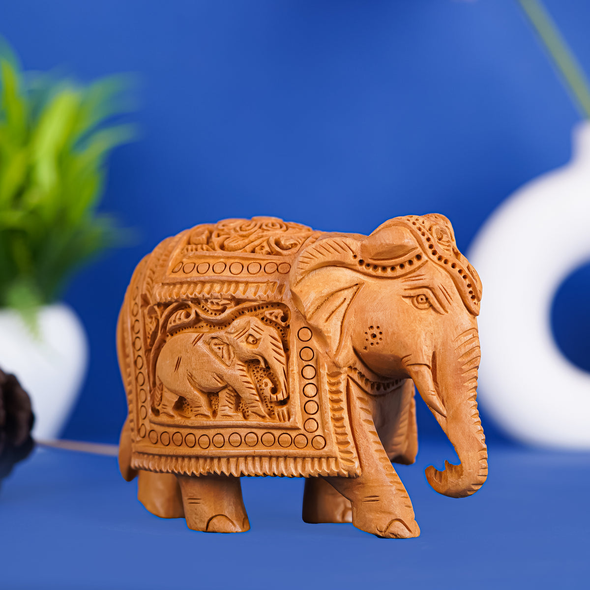 Handcrafted Wooden Elephant Figurine – Intricate Caparison & Baby Elephant Carving