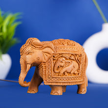 Handcrafted Wooden Elephant Figurine – Intricate Caparison & Baby Elephant Carving