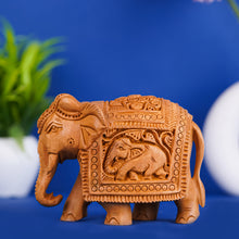 Handcrafted Wooden Elephant Figurine – Intricate Caparison & Baby Elephant Carving