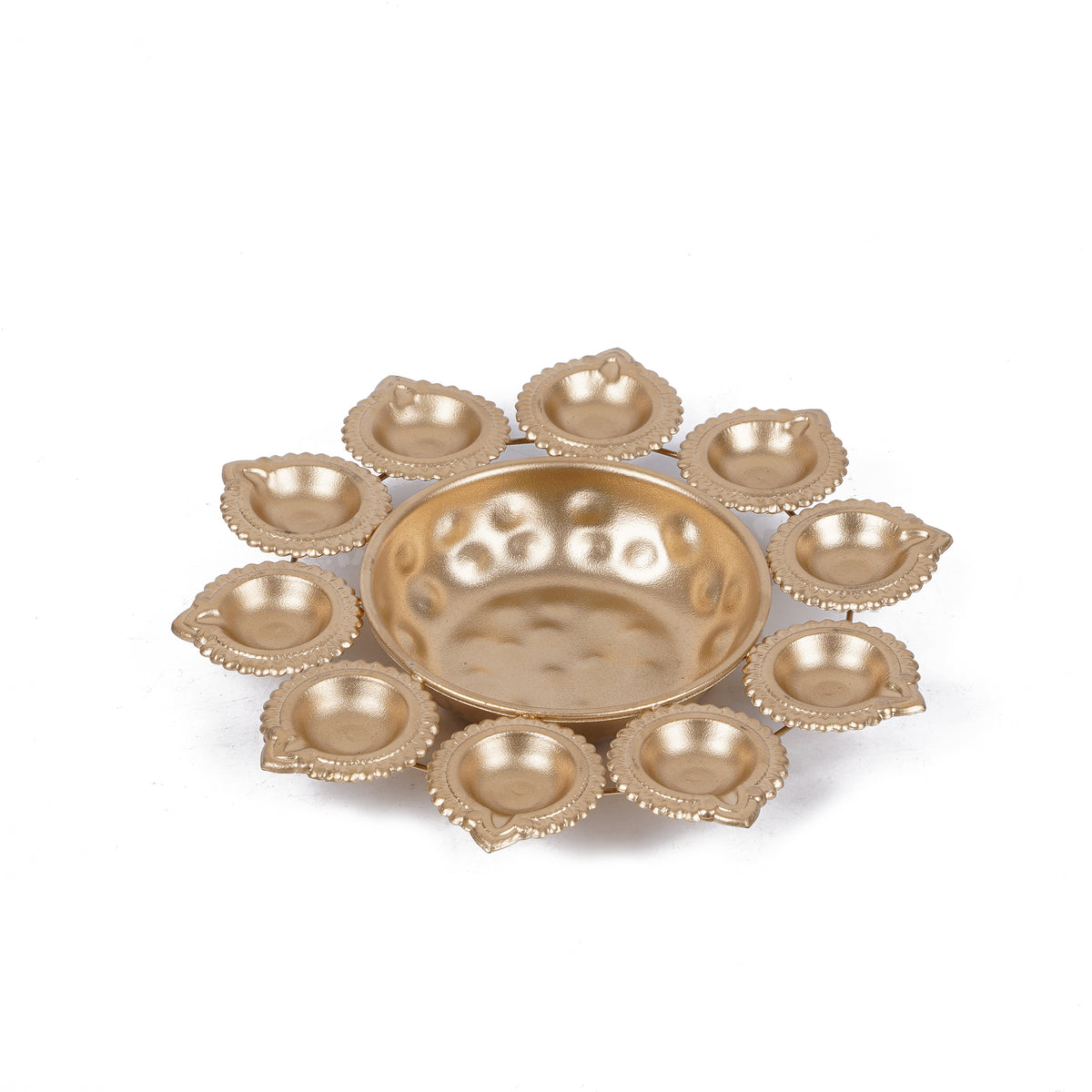 Gold Lotus Urli Diya Holder — 9 Diya Decorative Thali