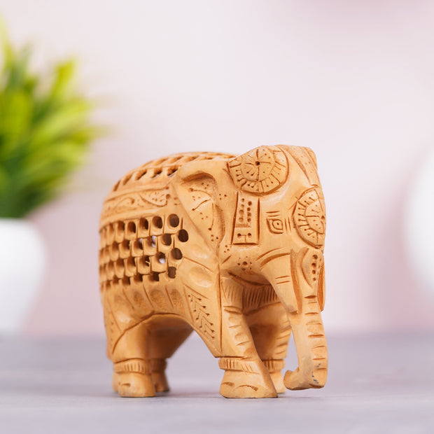 Handcrafted Wooden Elephant Figurine with Jali (Lattice) Work – Rajasthani Wood Art