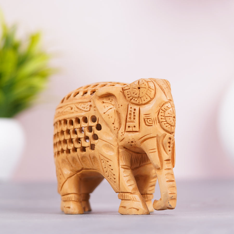 Handcrafted Wooden Elephant Figurine with Jali (Lattice) Work – Rajasthani Wood Art