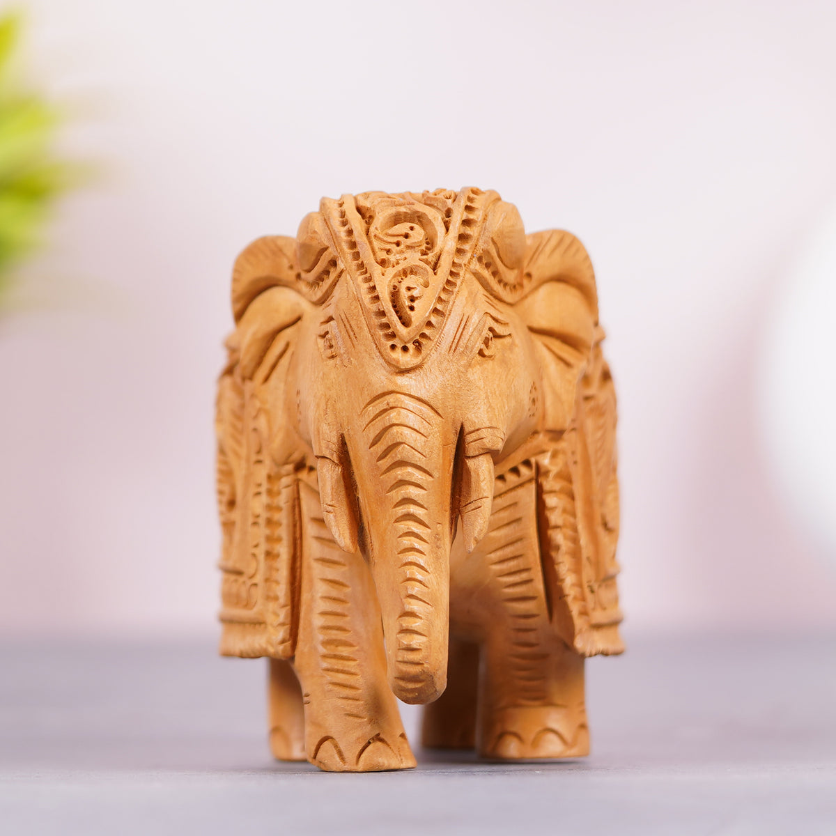 Handcrafted Wooden Elephant Figurine – Intricate Caparison & Baby Elephant Carving